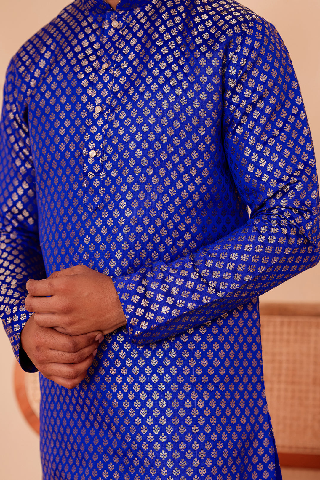Royal Blue Brocade Silk Kurta Suit.