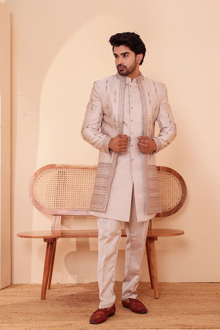 Salmo Soft Silk Indo-Western suit with Mirror Embroidery.