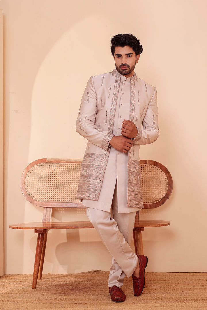 Salmo Soft Silk Indo-Western suit with Mirror Embroidery.
