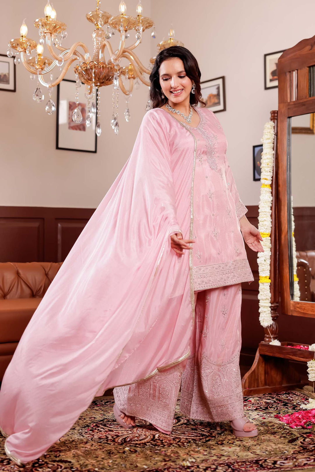 Pink Soft Silk Palazzo Suit.