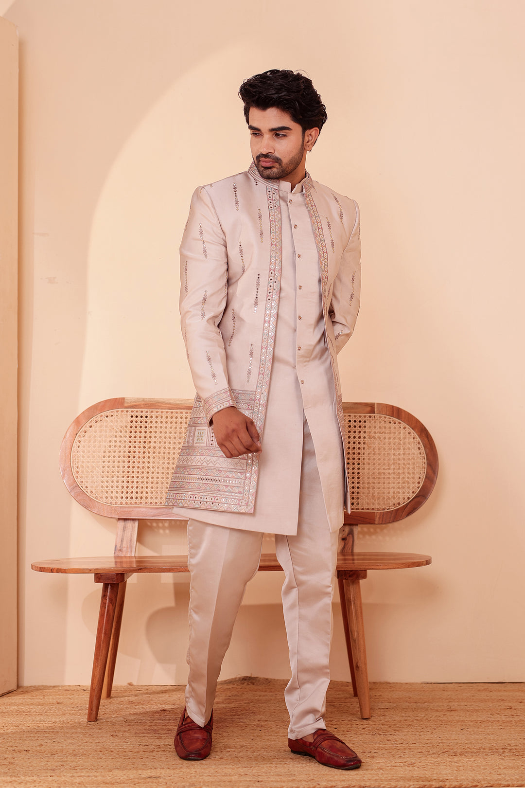 Salmo Soft Silk Indo-Western suit with Mirror Embroidery.