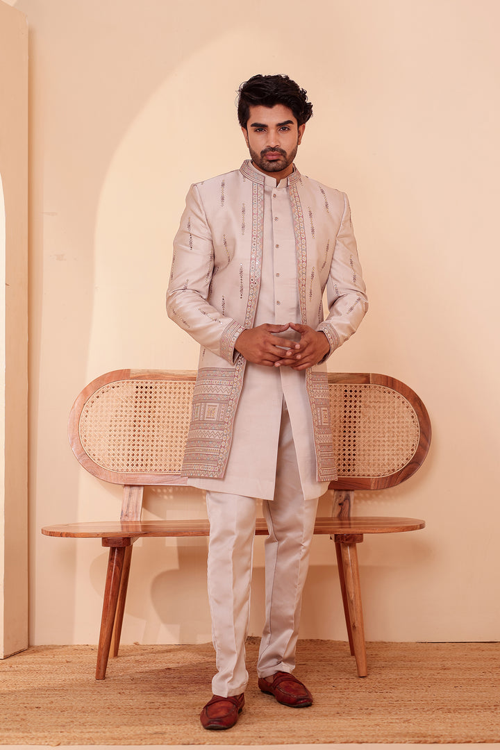 Salmo Soft Silk Indo-Western suit with Mirror Embroidery.