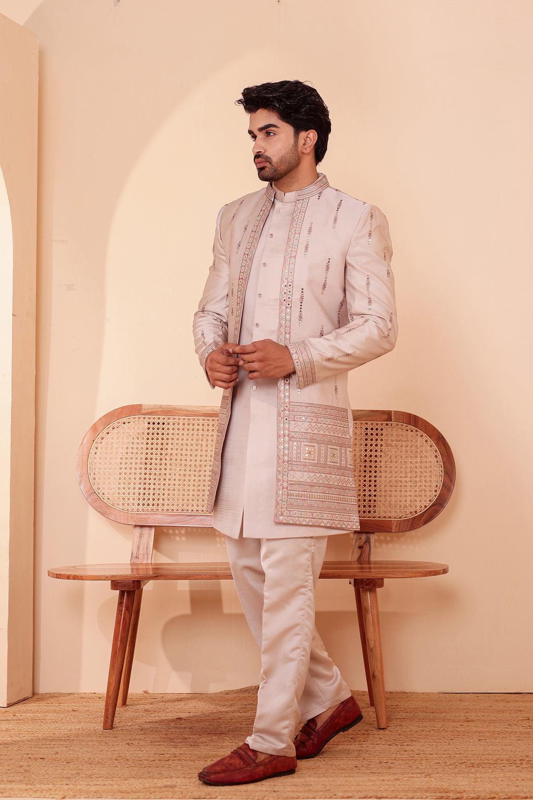 Salmo Soft Silk Indo-Western suit with Mirror Embroidery.