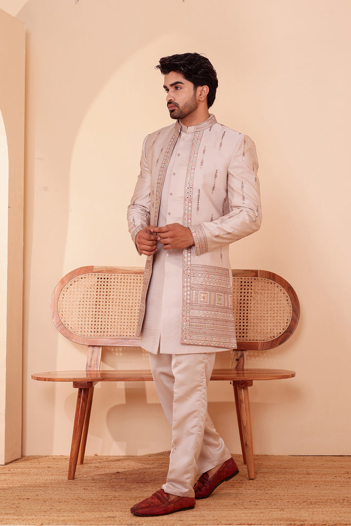 Salmo Soft Silk Indo-Western suit with Mirror Embroidery.