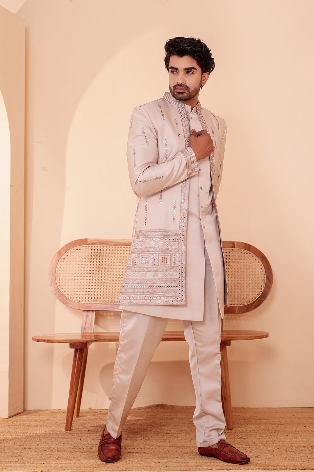 Salmo Soft Silk Indo-Western suit with Mirror Embroidery.