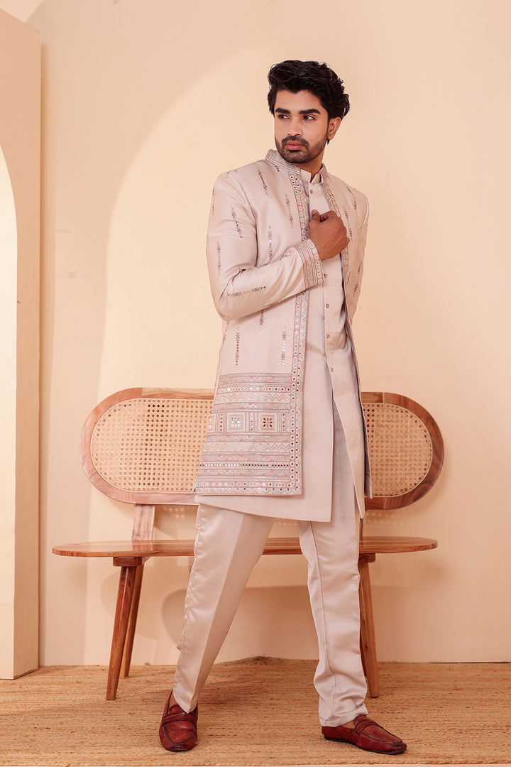 Salmo Soft Silk Indo-Western suit with Mirror Embroidery.