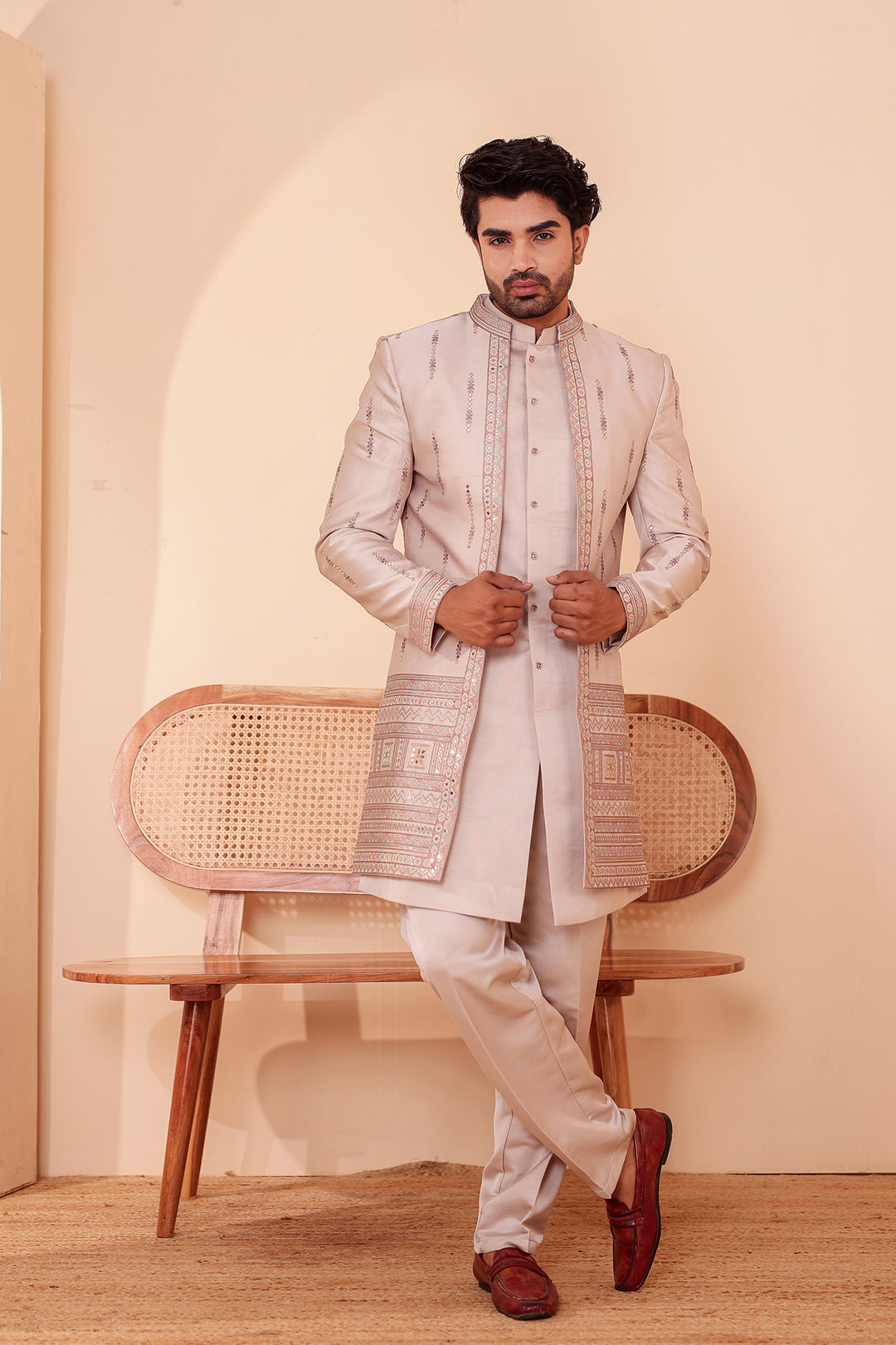 Salmo Soft Silk Indo-Western suit with Mirror Embroidery.