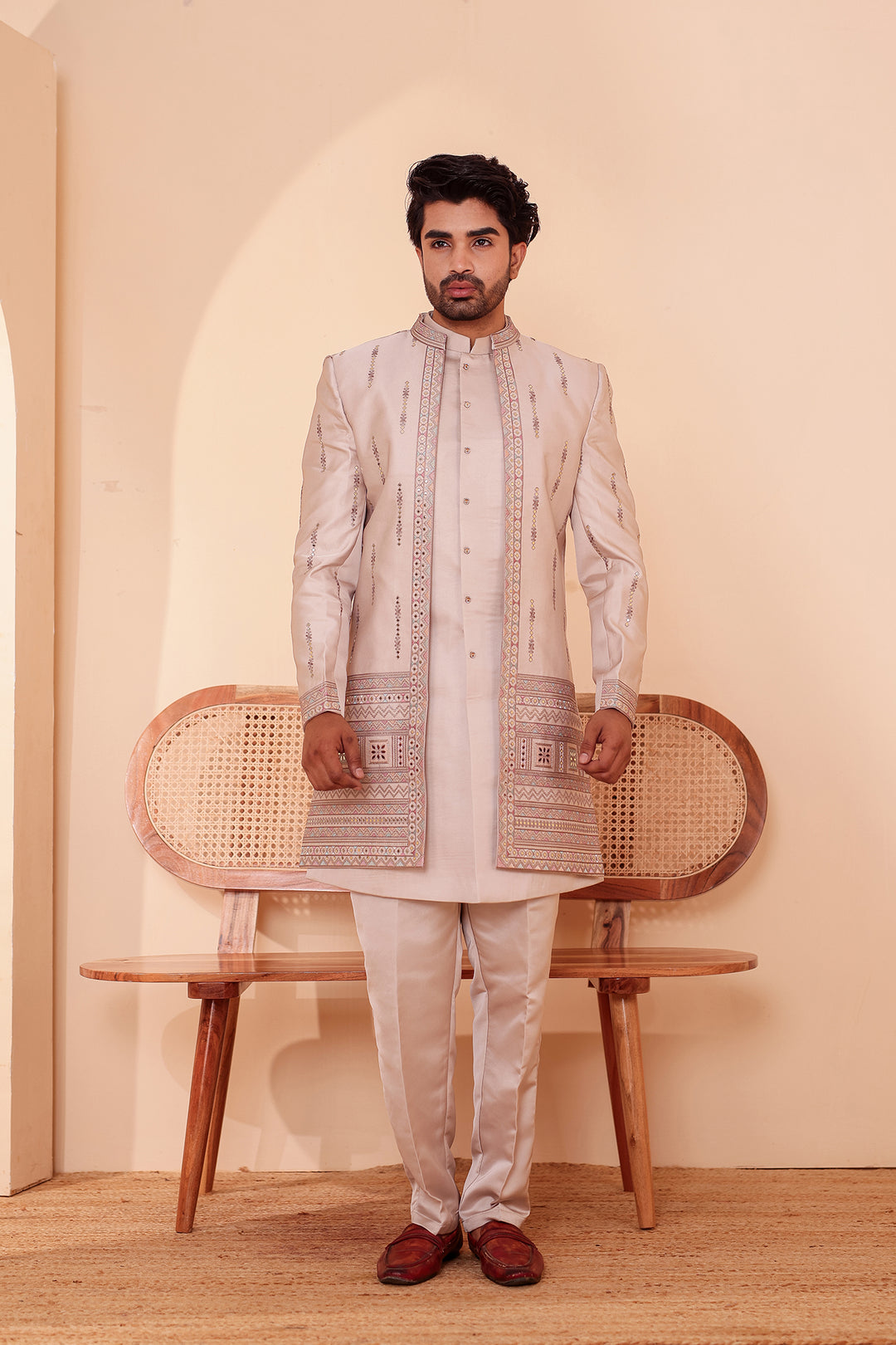 Salmo Soft Silk Indo-Western suit with Mirror Embroidery.