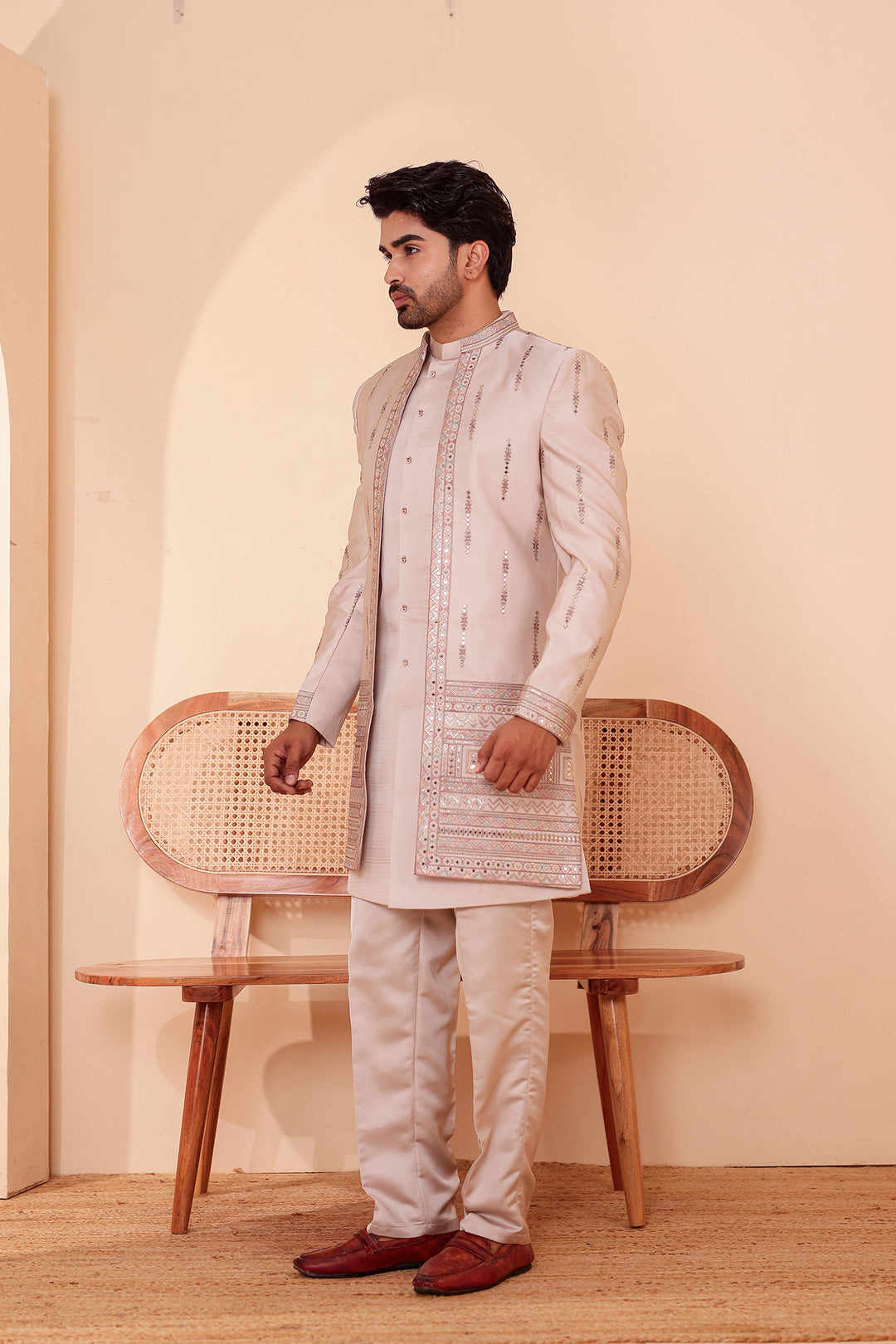 Salmo Soft Silk Indo-Western suit with Mirror Embroidery.
