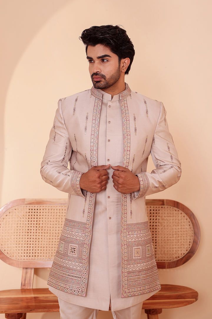 Salmo Soft Silk Indo-Western suit with Mirror Embroidery.