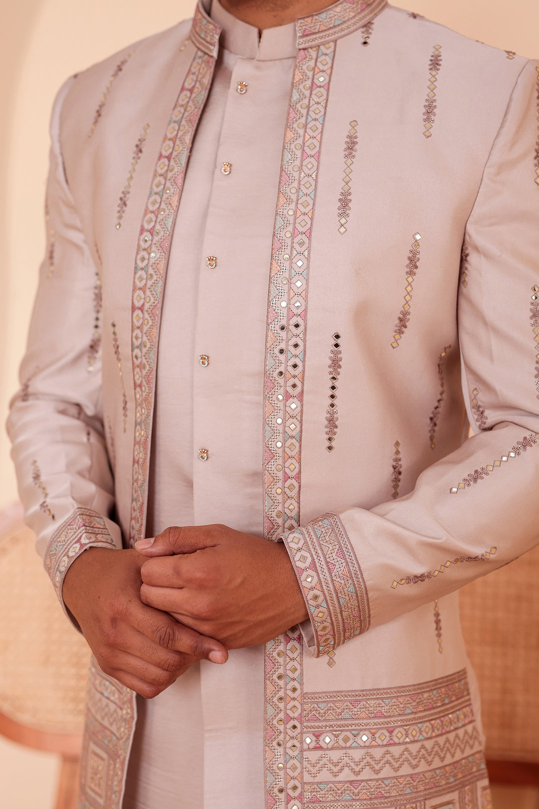 Salmo Soft Silk Indo-Western suit with Mirror Embroidery.