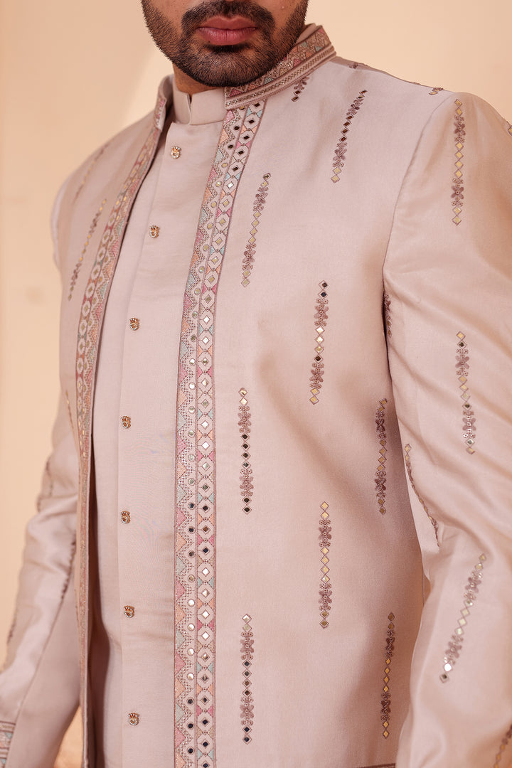 Salmo Soft Silk Indo-Western suit with Mirror Embroidery.