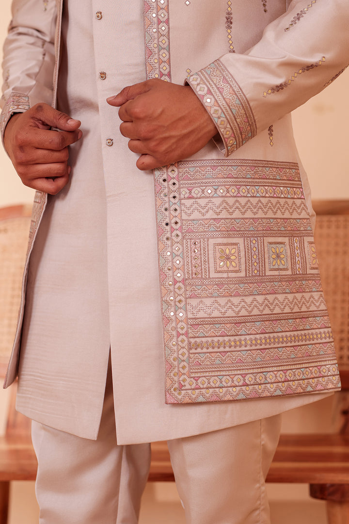 Salmo Soft Silk Indo-Western suit with Mirror Embroidery.