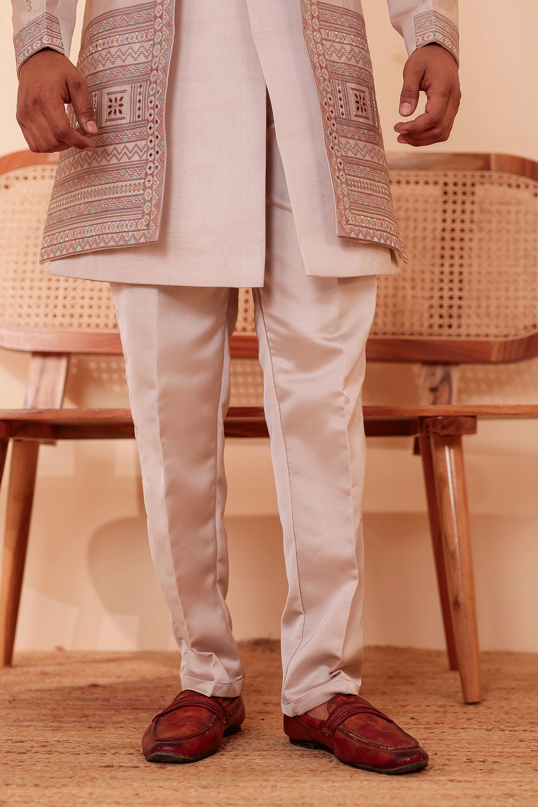 Salmo Soft Silk Indo-Western suit with Mirror Embroidery.