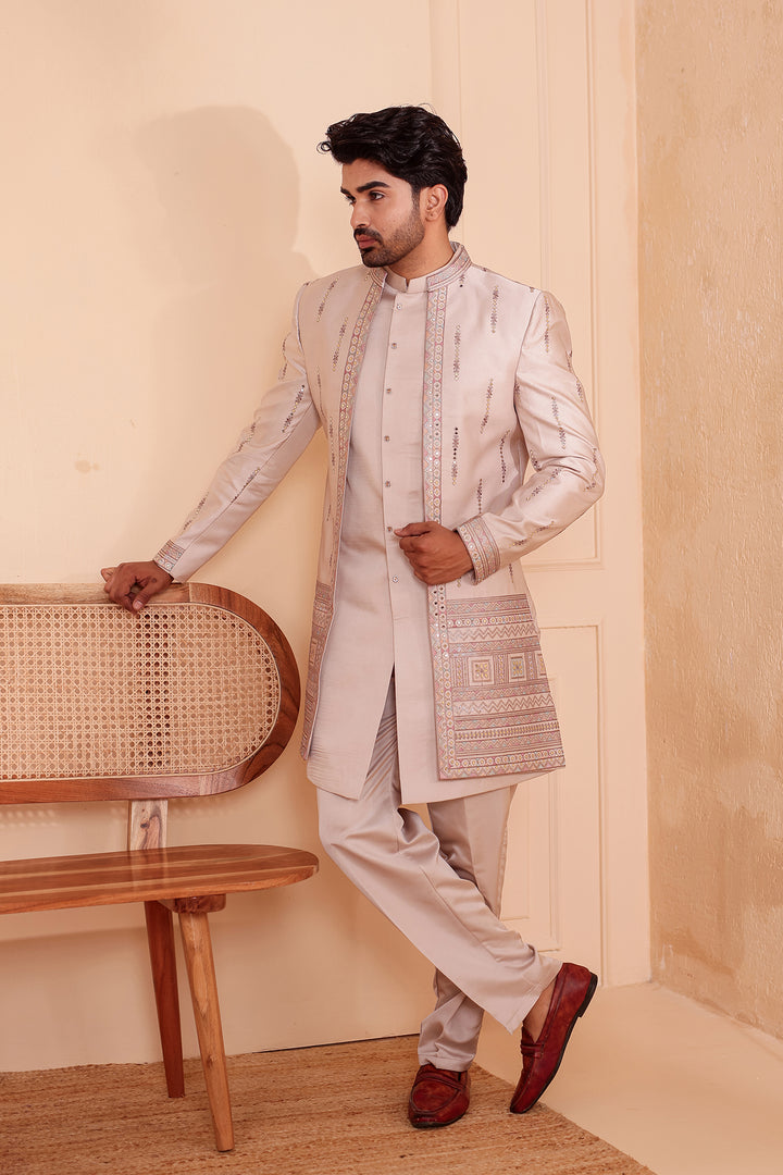 Salmo Soft Silk Indo-Western suit with Mirror Embroidery.