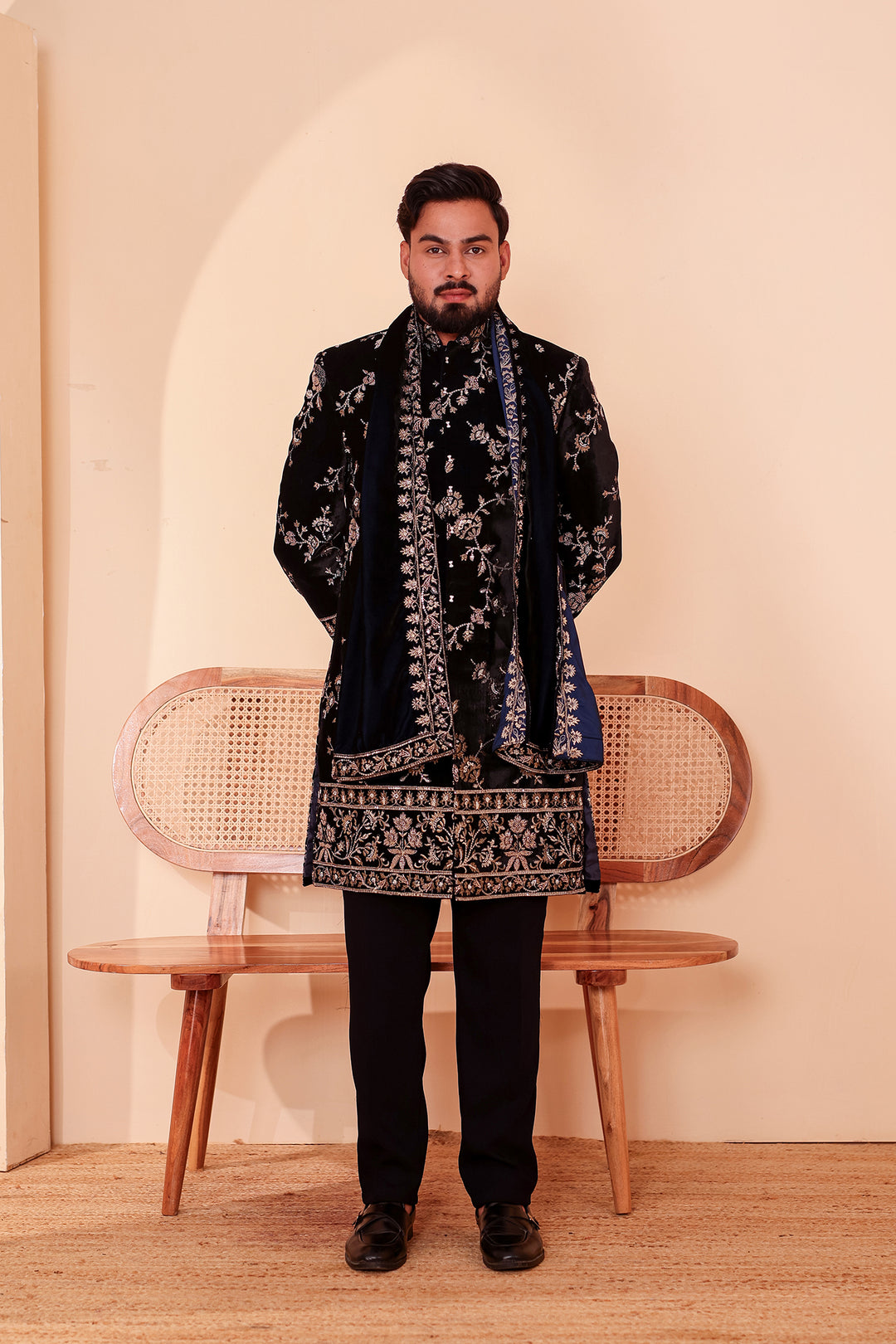 Navy Blue Velvet Indo-Western Suit Embroidered All Over.