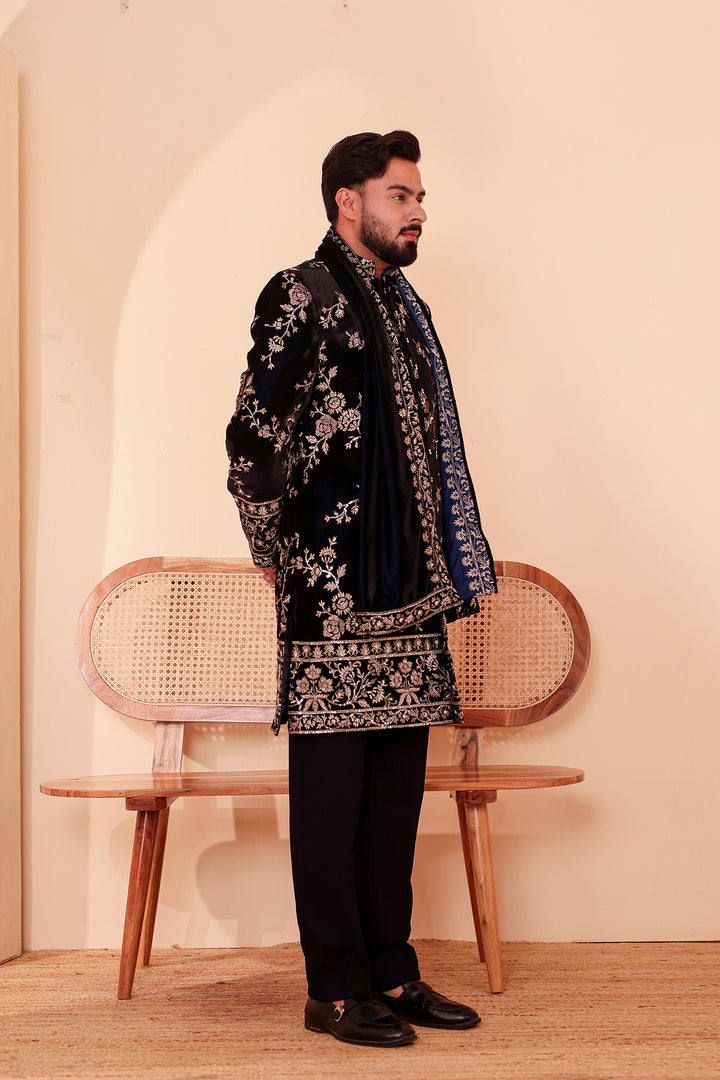Navy Blue Velvet Indo-Western Suit Embroidered All Over.