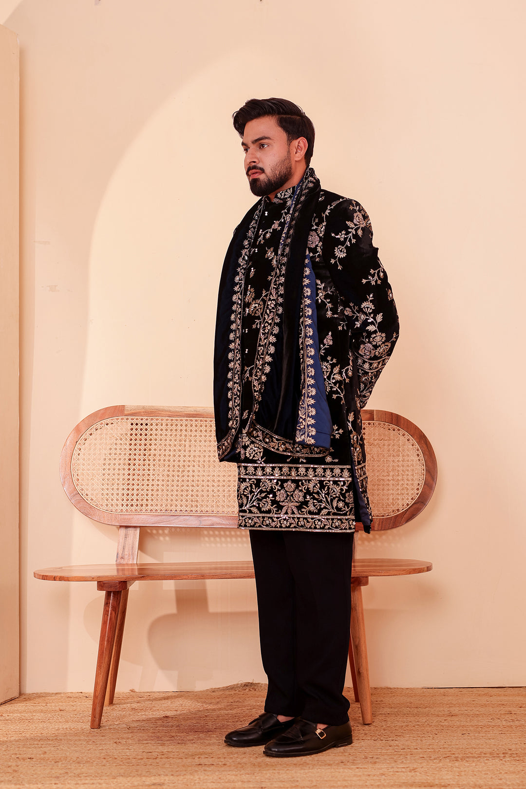 Navy Blue Velvet Indo-Western Suit Embroidered All Over.