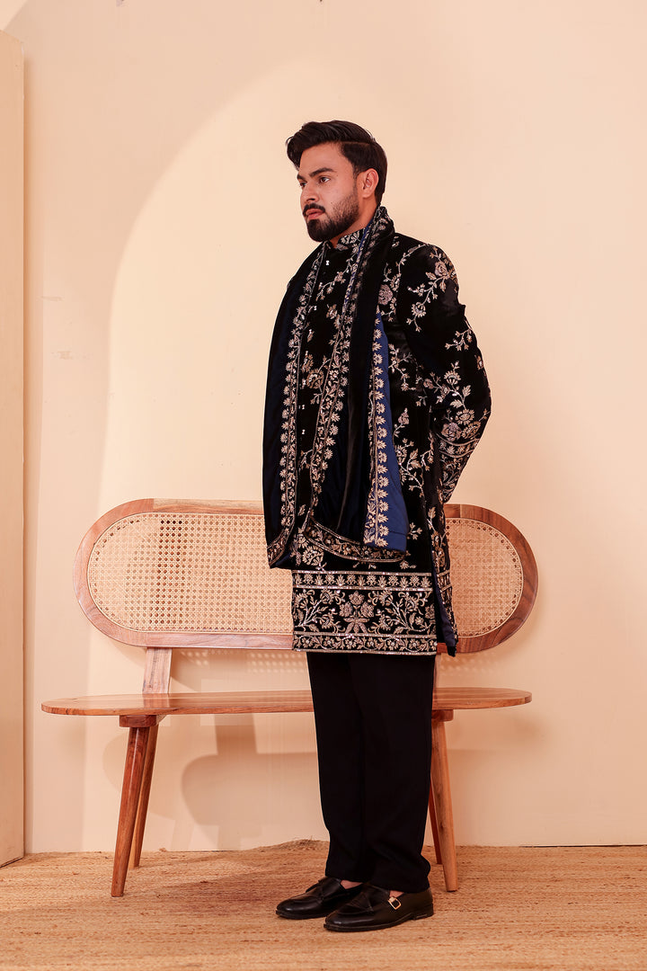 Navy Blue Velvet Indo-Western Suit Embroidered All Over.