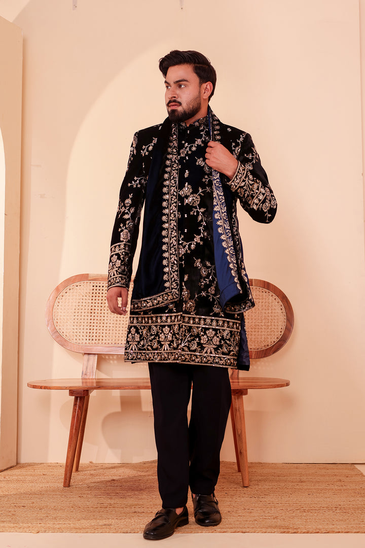 Navy Blue Velvet Indo-Western Suit Embroidered All Over.