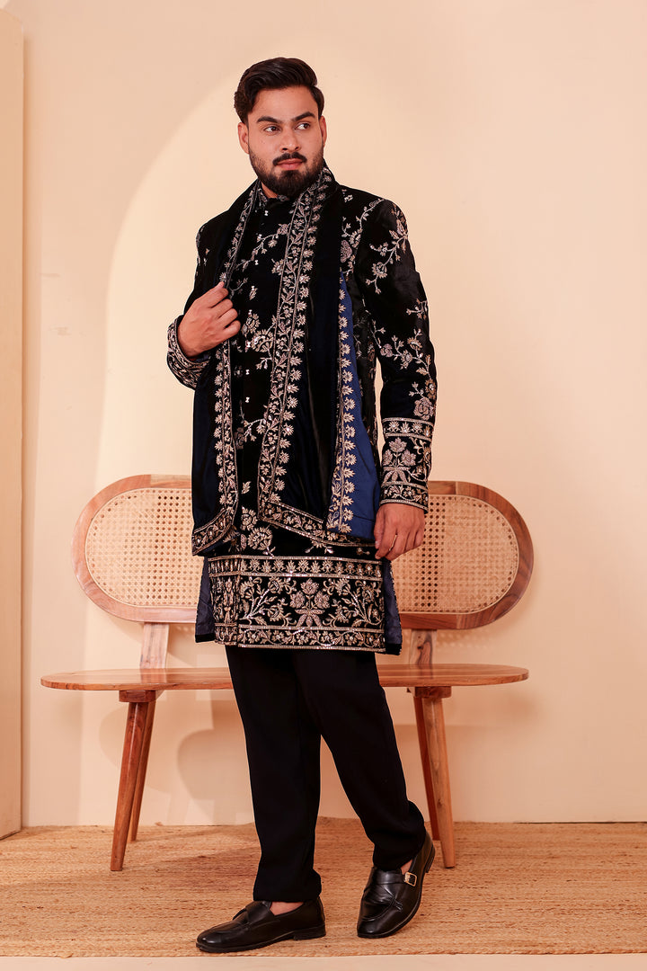Navy Blue Velvet Indo-Western Suit Embroidered All Over.