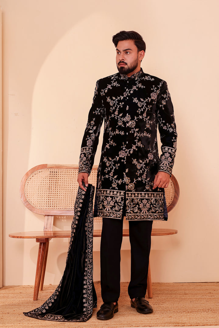 Navy Blue Velvet Indo-Western Suit Embroidered All Over.