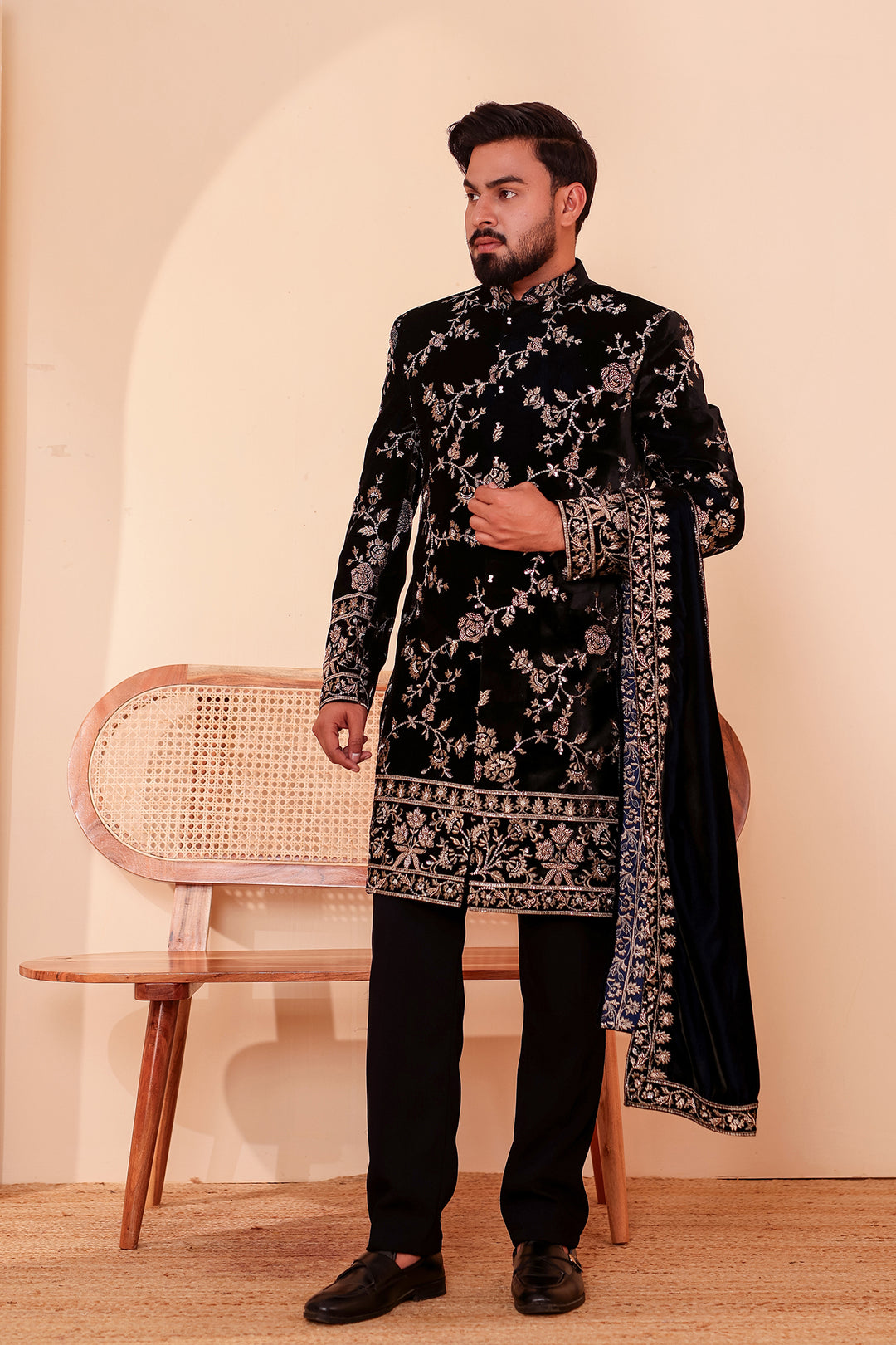 Navy Blue Velvet Indo-Western Suit Embroidered All Over.