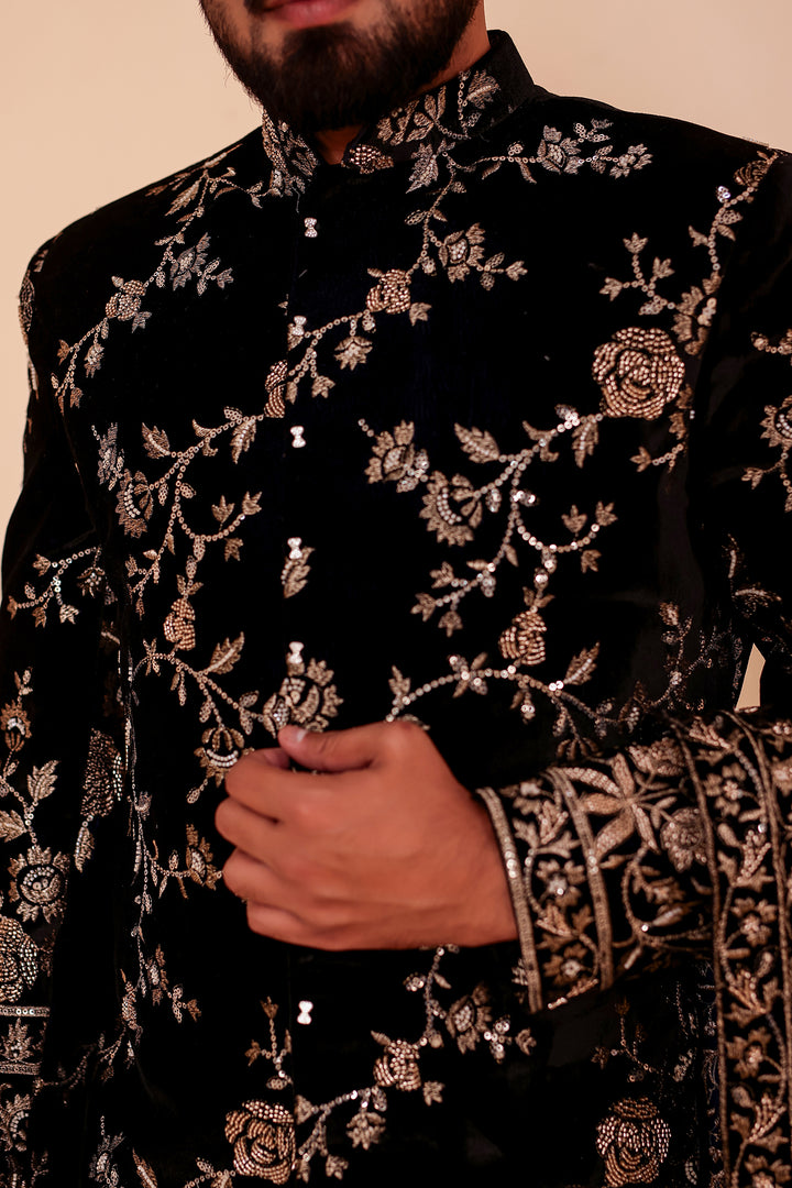 Navy Blue Velvet Indo-Western Suit Embroidered All Over.