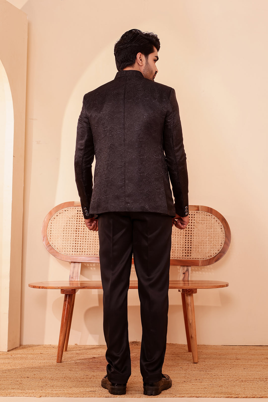 Black Paisley Patterned Jodhpuri Suit.