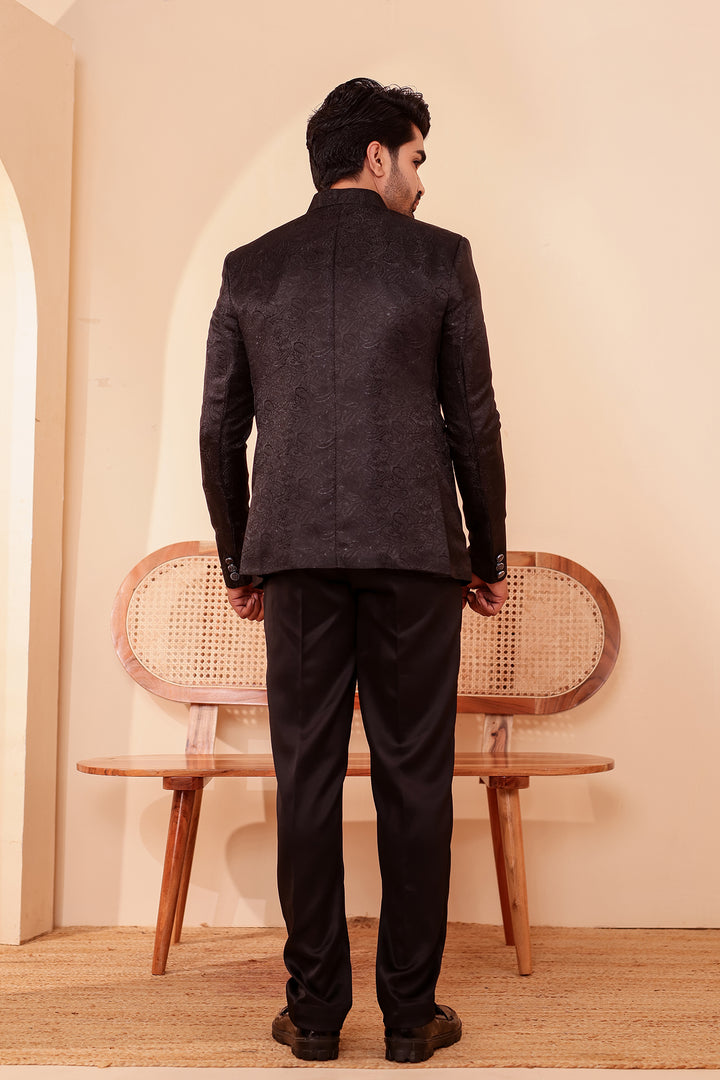 Black Paisley Patterned Jodhpuri Suit.