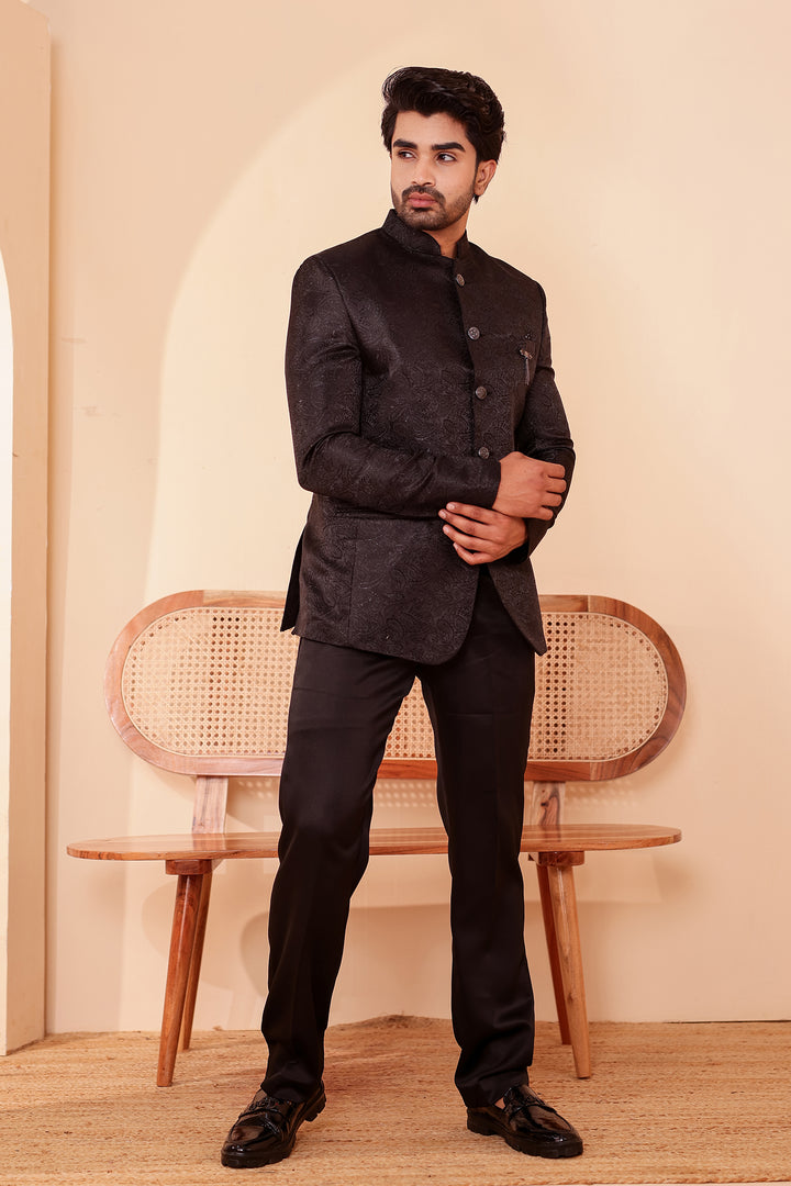 Black Paisley Patterned Jodhpuri Suit.