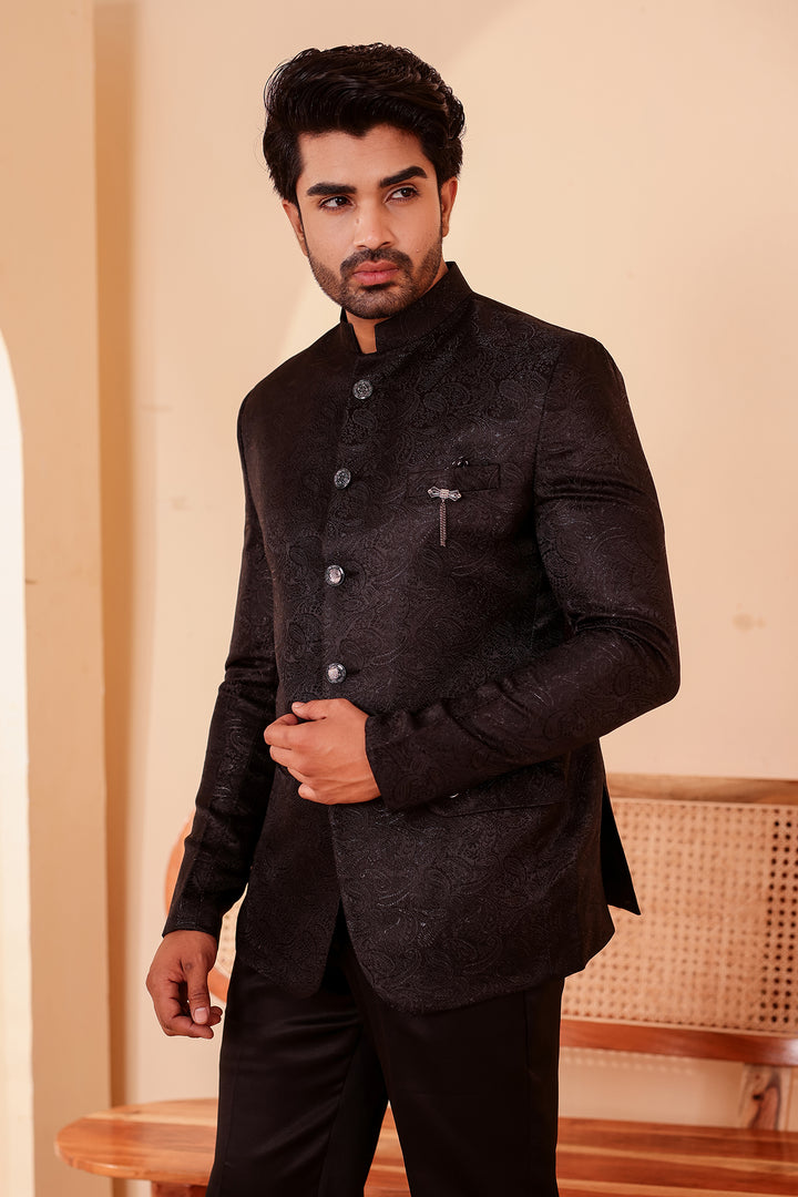 Black Paisley Patterned Jodhpuri Suit.
