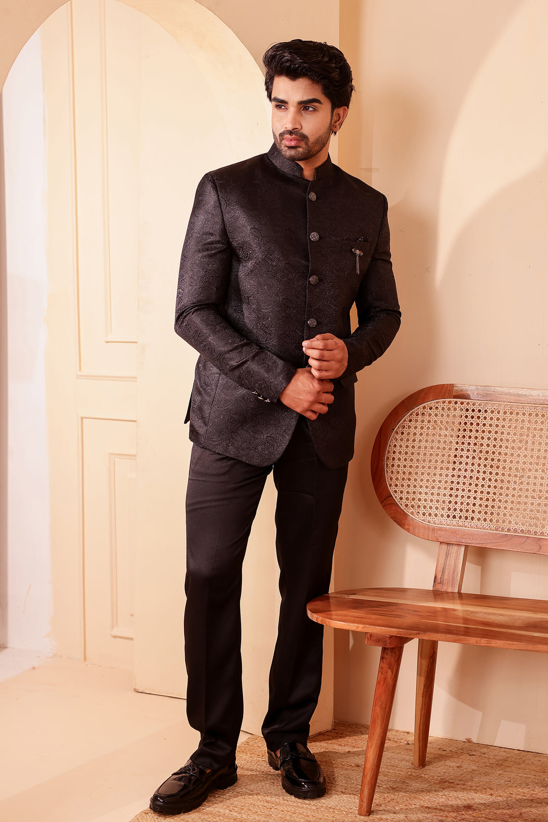 Black Paisley Patterned Jodhpuri Suit.