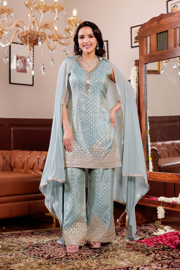 Light Blue Banarsi Butti Palazzo Suit.