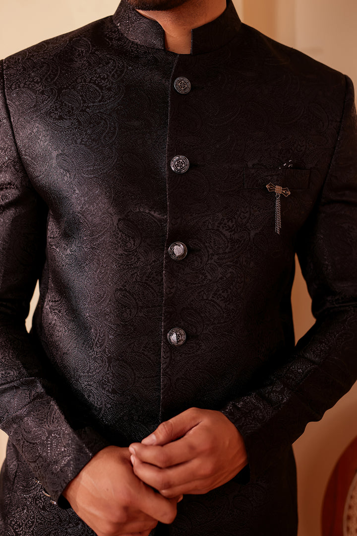 Black Paisley Patterned Jodhpuri Suit.