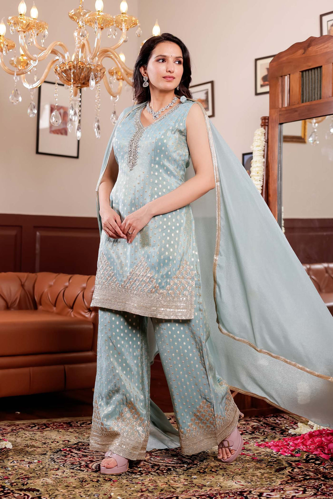 Light Blue Banarsi Butti Palazzo Suit.