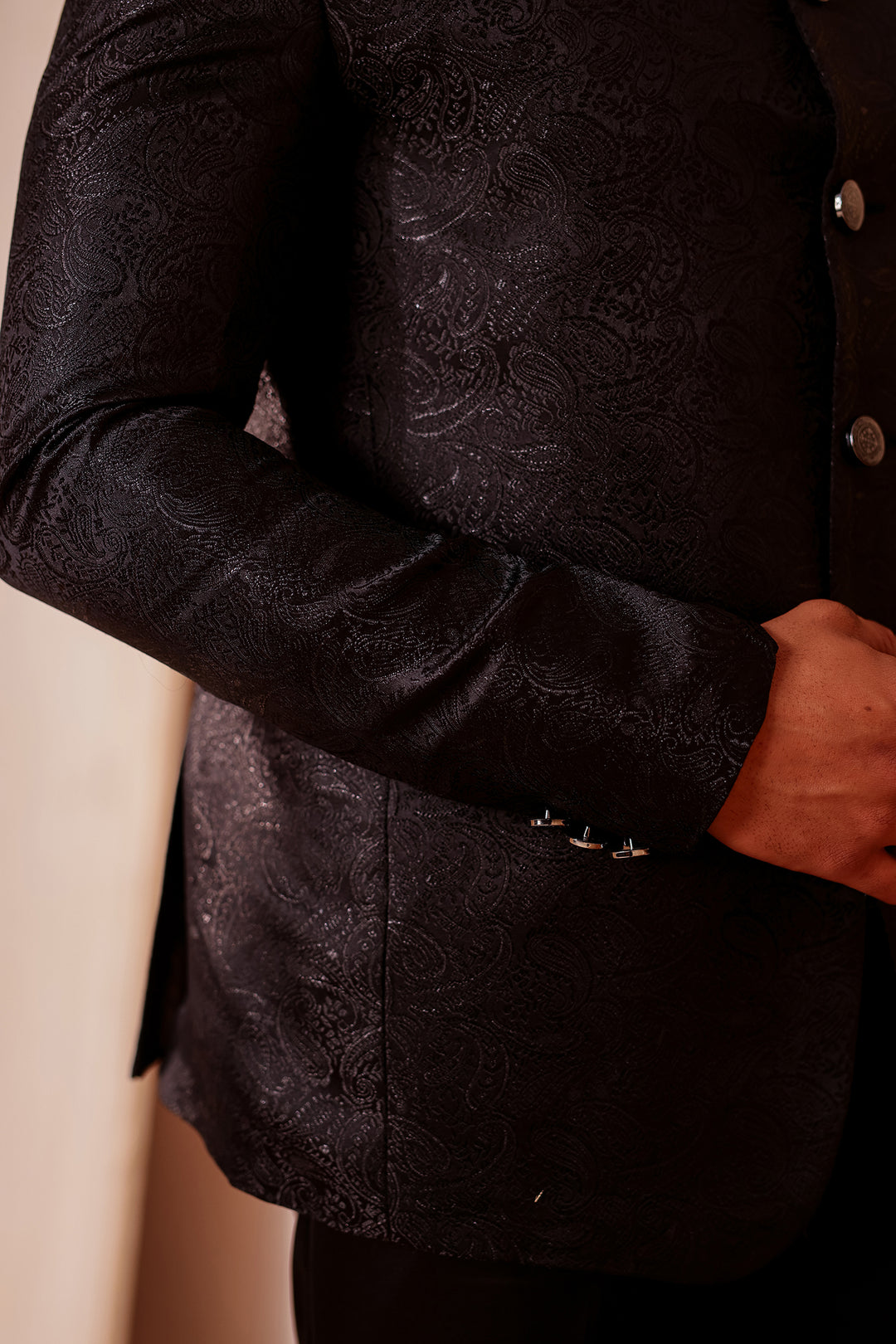 Black Paisley Patterned Jodhpuri Suit.