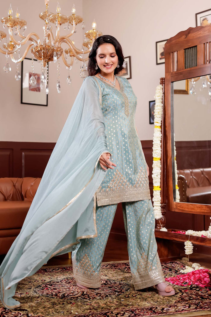 Light Blue Banarsi Butti Palazzo Suit.