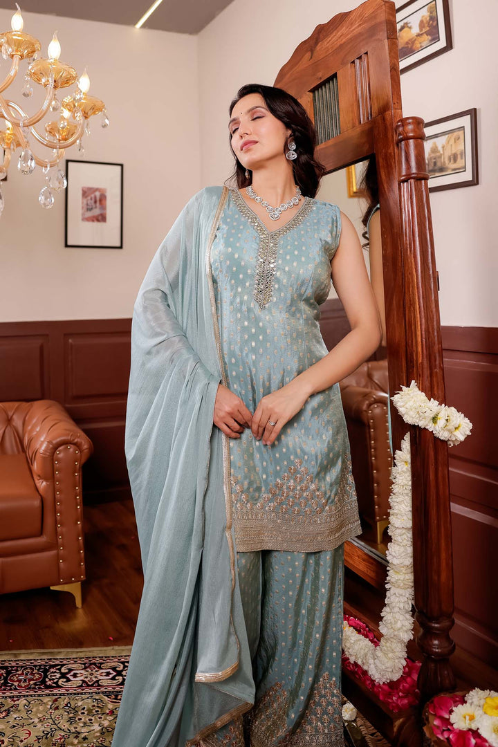 Light Blue Banarsi Butti Palazzo Suit.