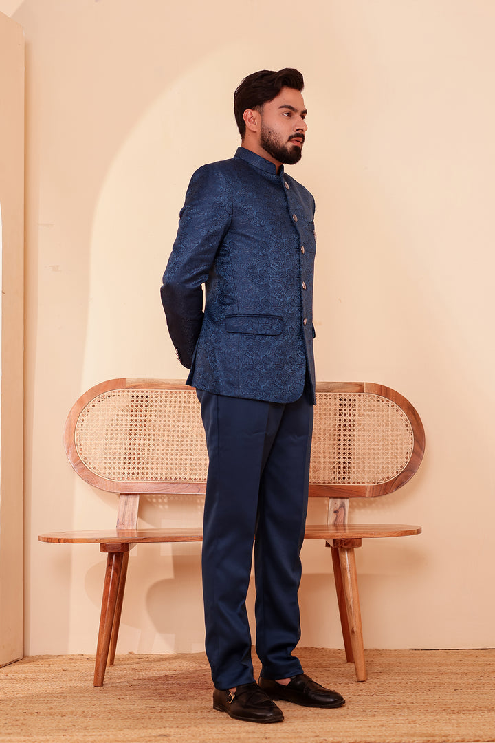 Midnight Blue Paisley Patterned Jodhpuri Suit.