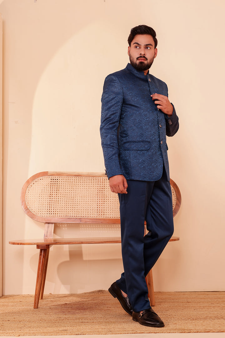 Midnight Blue Paisley Patterned Jodhpuri Suit.