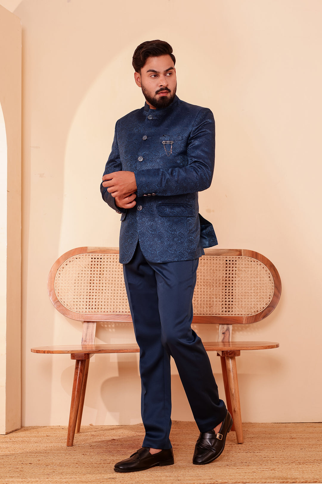 Midnight Blue Paisley Patterned Jodhpuri Suit.