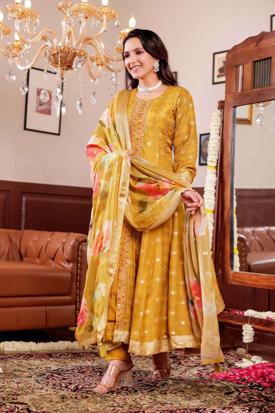 Mustard Long Sleeves Banarsi Silk Anarkali Suit.