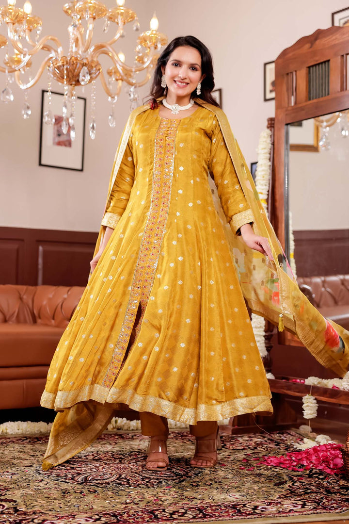 Mustard Long Sleeves Banarsi Silk Anarkali Suit.