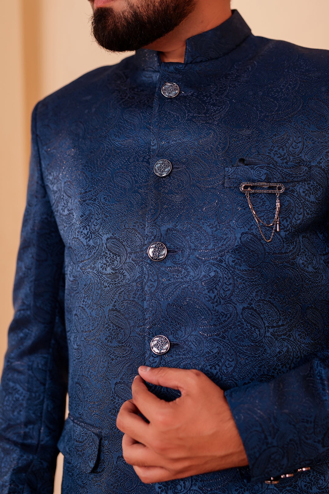 Midnight Blue Paisley Patterned Jodhpuri Suit.