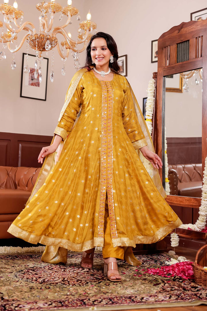 Mustard Long Sleeves Banarsi Silk Anarkali Suit.
