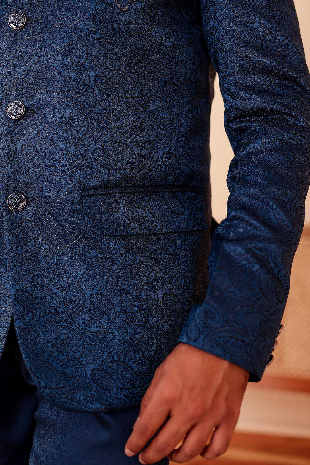 Midnight Blue Paisley Patterned Jodhpuri Suit.