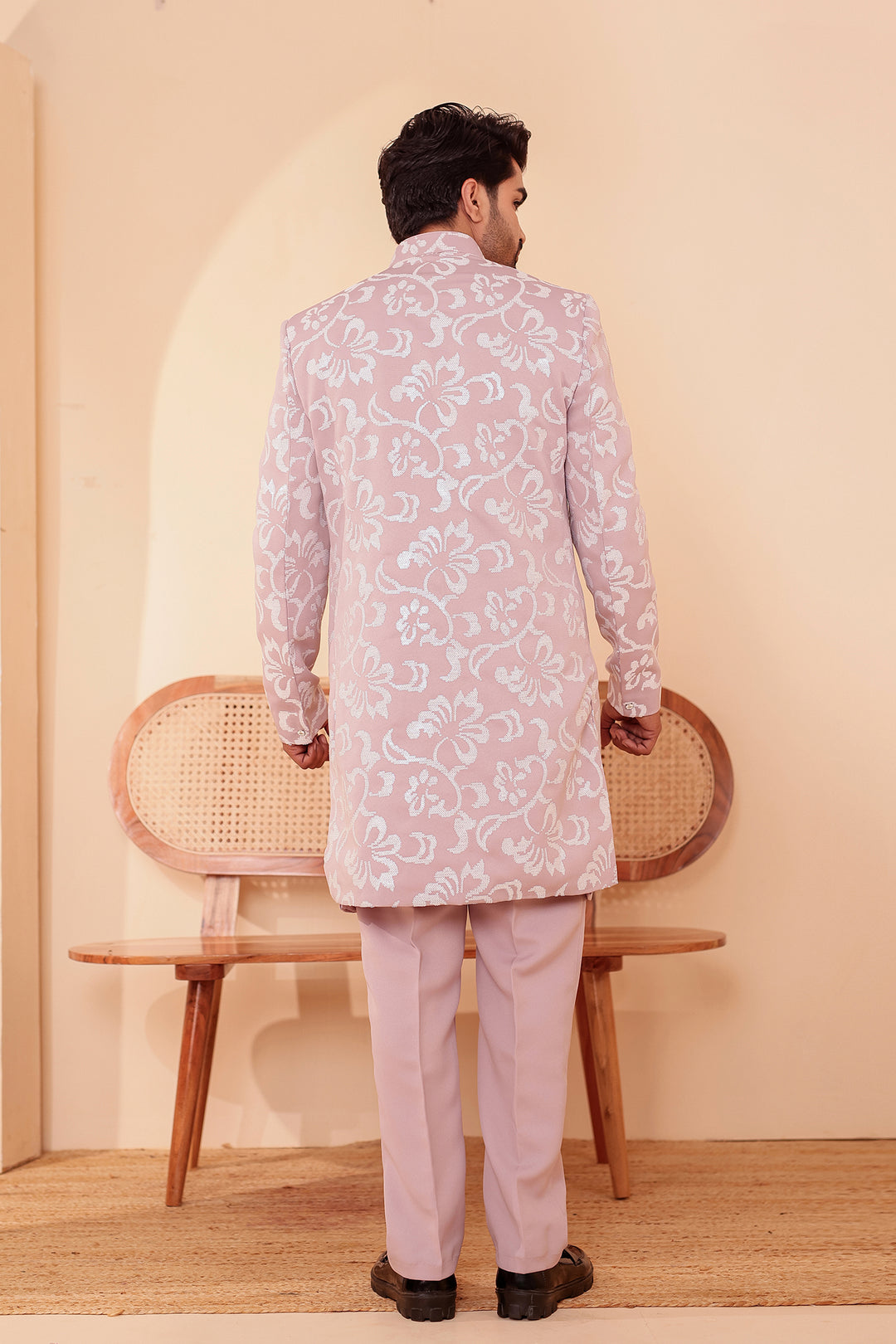 Dusty Pink Jacket Style Indo-western Suit embroidered in White Sequin Floral