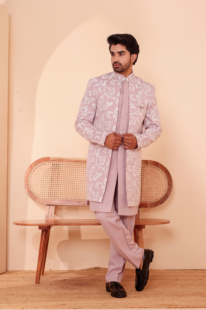 Dusty Pink Jacket Style Indo-western Suit embroidered in White Sequin Floral
