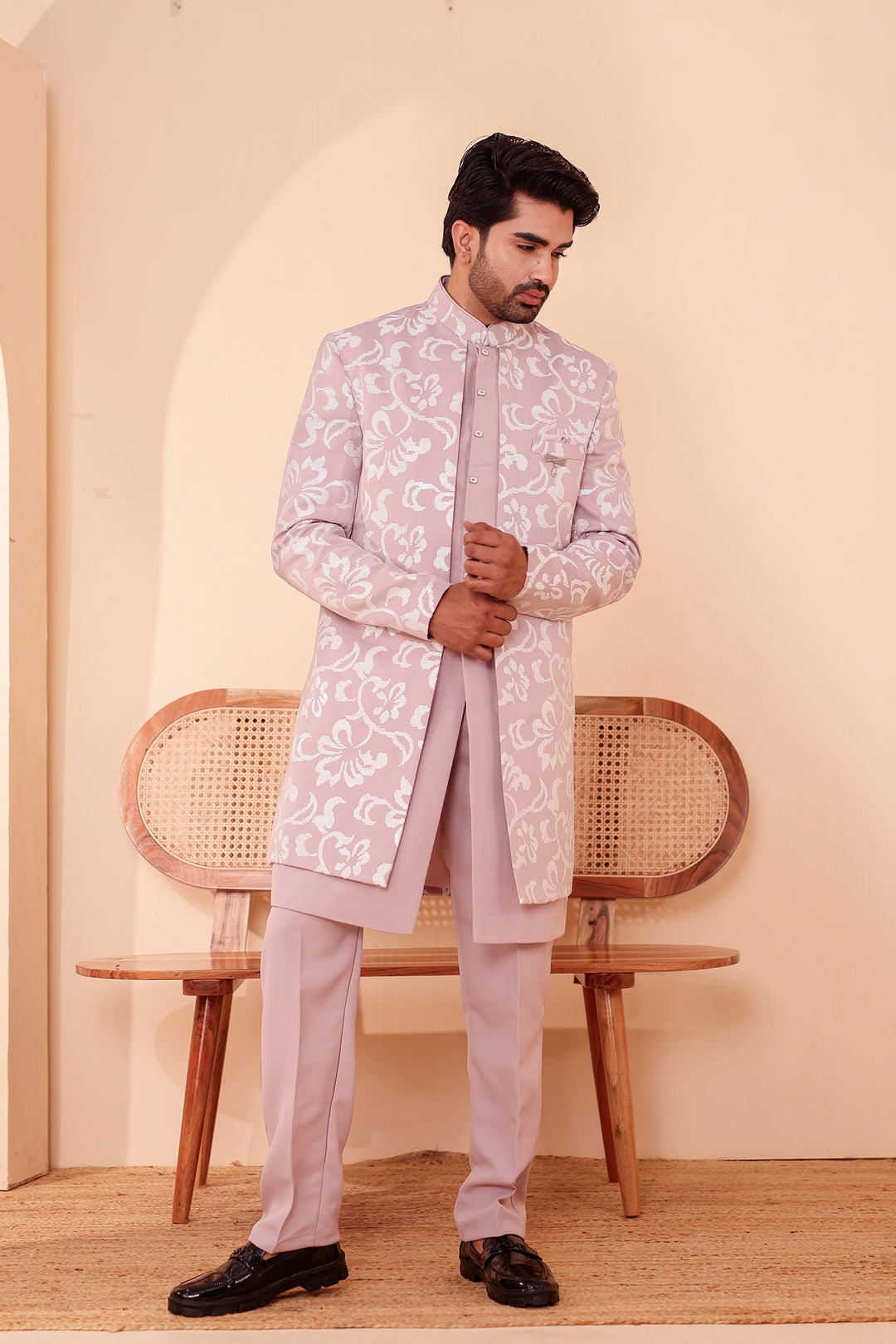 Dusty Pink Jacket Style Indo-western Suit embroidered in White Sequin Floral